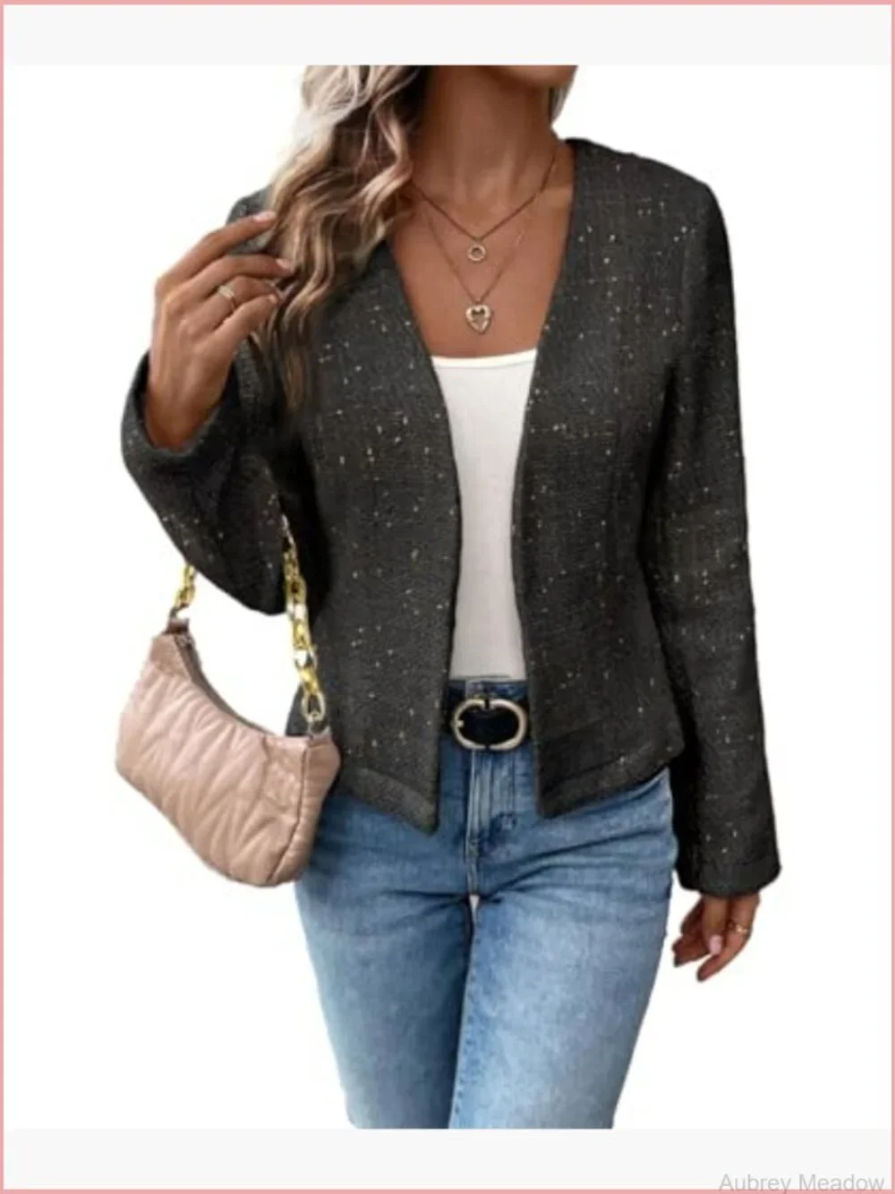 Women's Tweed Blazer Jacket Collarless Open Front Fully Lined Cropped Fit